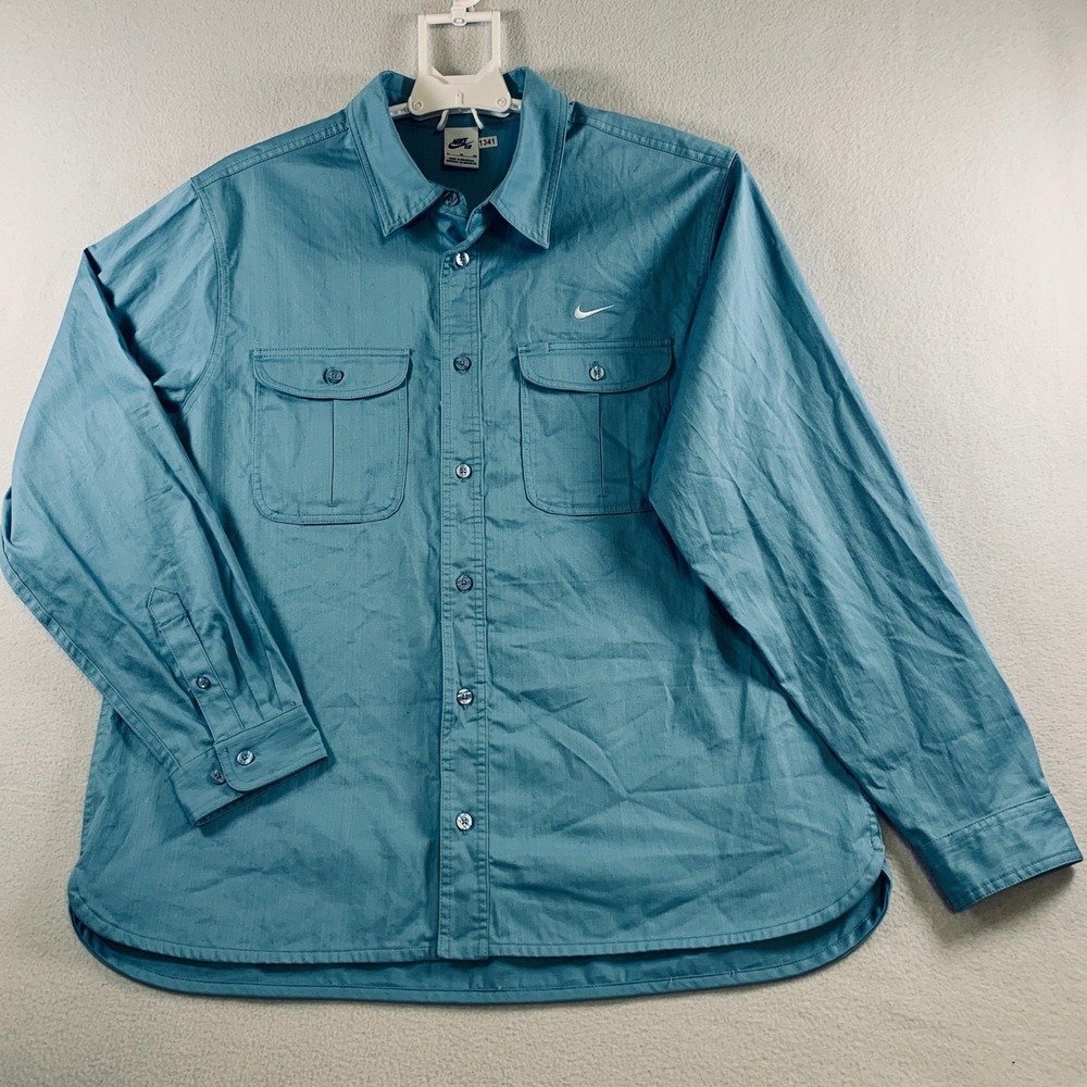Nike SB Skateboarding Shirt Men XL Blue Long Sleeve Button Up Cotton Swoosh Logo
